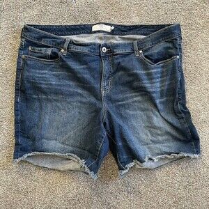 Torrid first at fit Jean Shorts women’s 24 blue Cut Off stretch denim Long Line